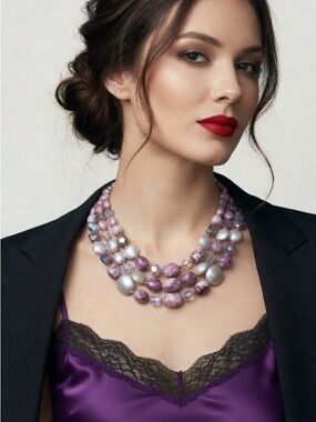 1950s Pastel Pink Purple Pearl Retro Triple Strand Necklace Stunning Beauty